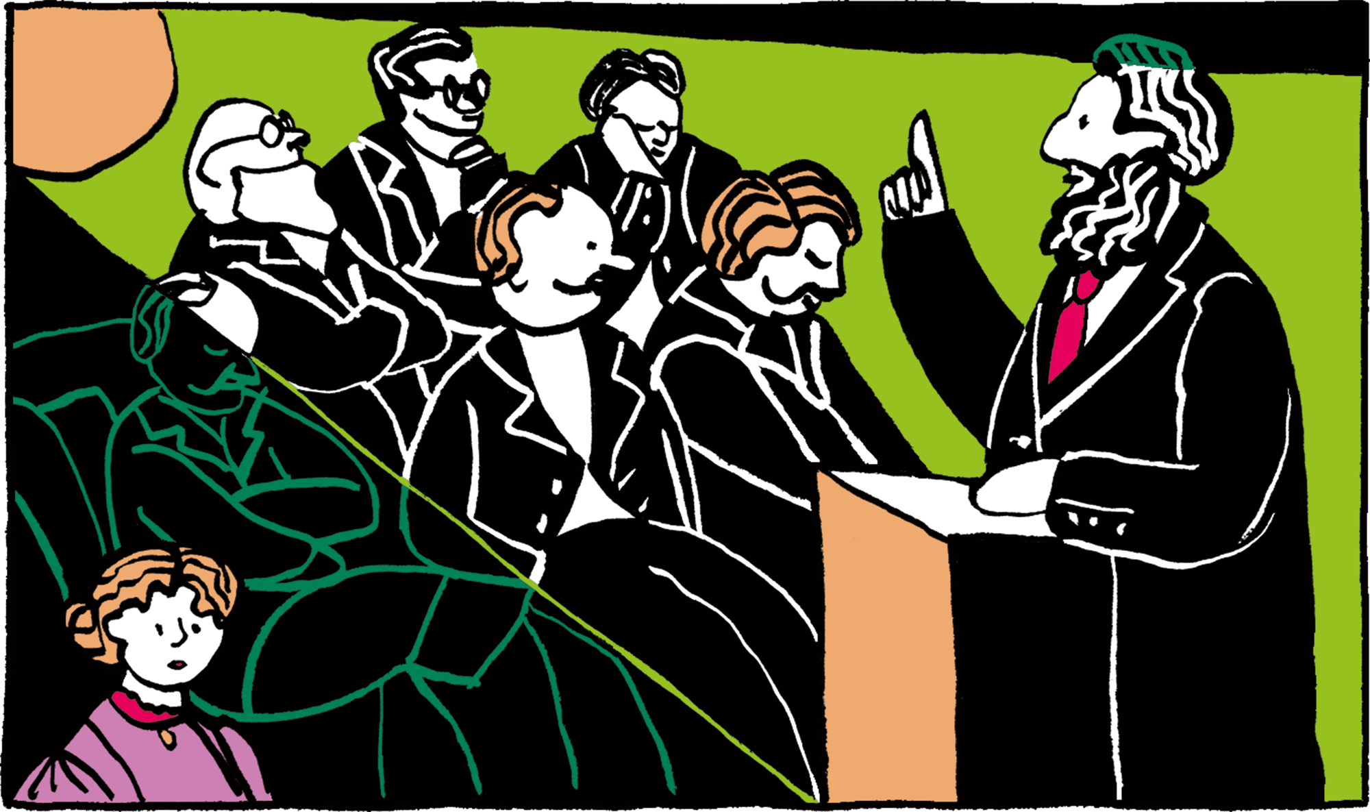 Illustration of a scientific lecture with Eunice Newton Foote sitting in a corner outside the spotlight